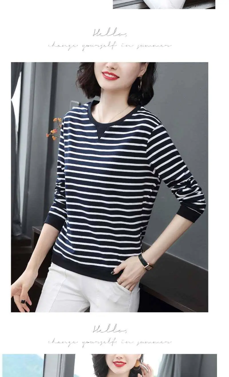 Women Long Sleeve Striped T-Shirt White Black Medium — feature 6