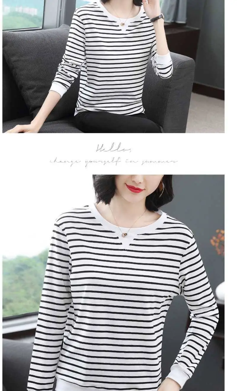 Women Long Sleeve Striped T-Shirt White Black Medium — feature 7