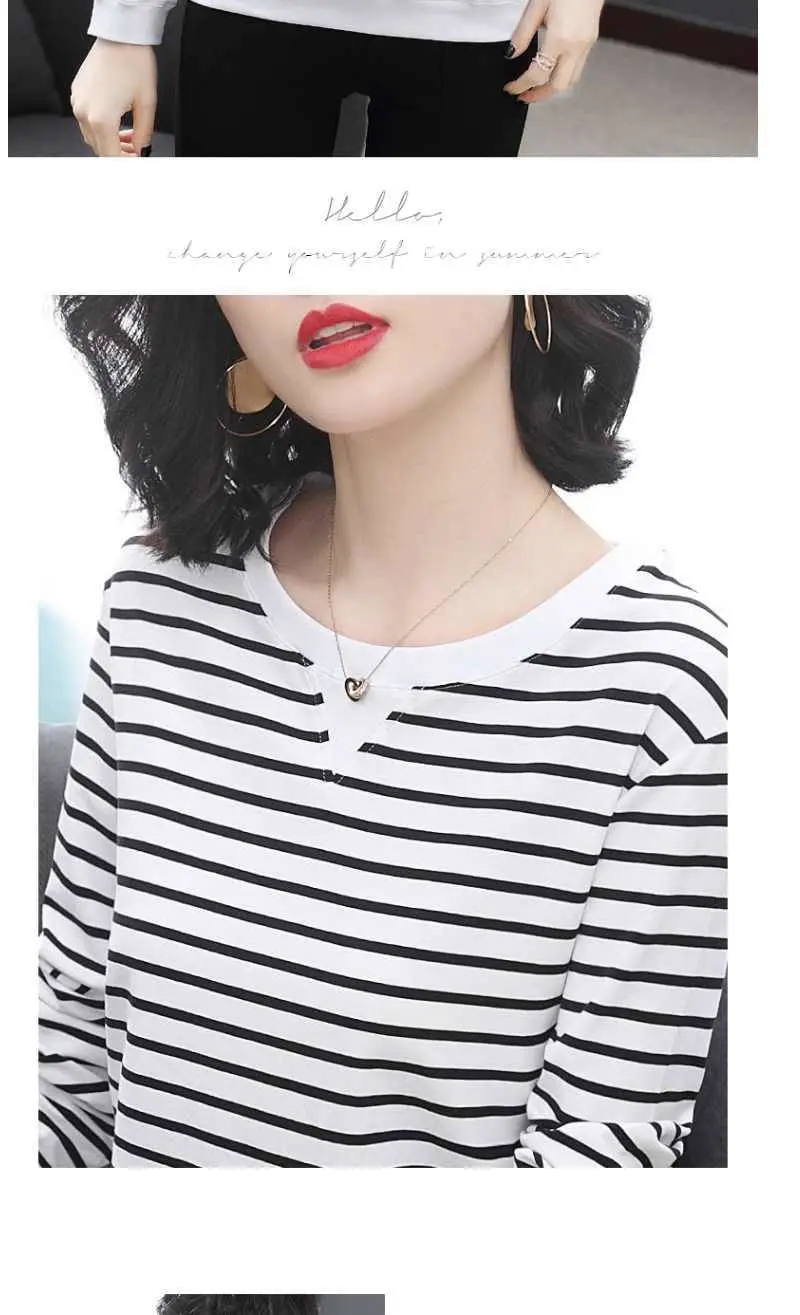 Women Long Sleeve Striped T-Shirt White Black Medium — feature 8