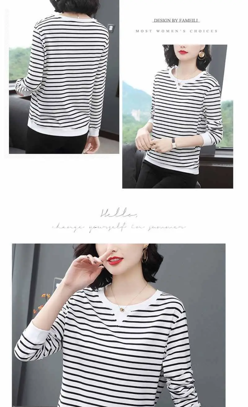 Women Long Sleeve Striped T-Shirt White Black Medium — feature 9
