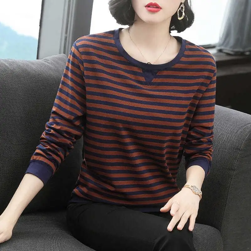 Women Long Sleeve Striped T-Shirt White Black Medium - Image 4