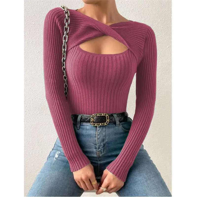 Women's Twist Pullover Sweater Maroon Cut Out Design - Image 11