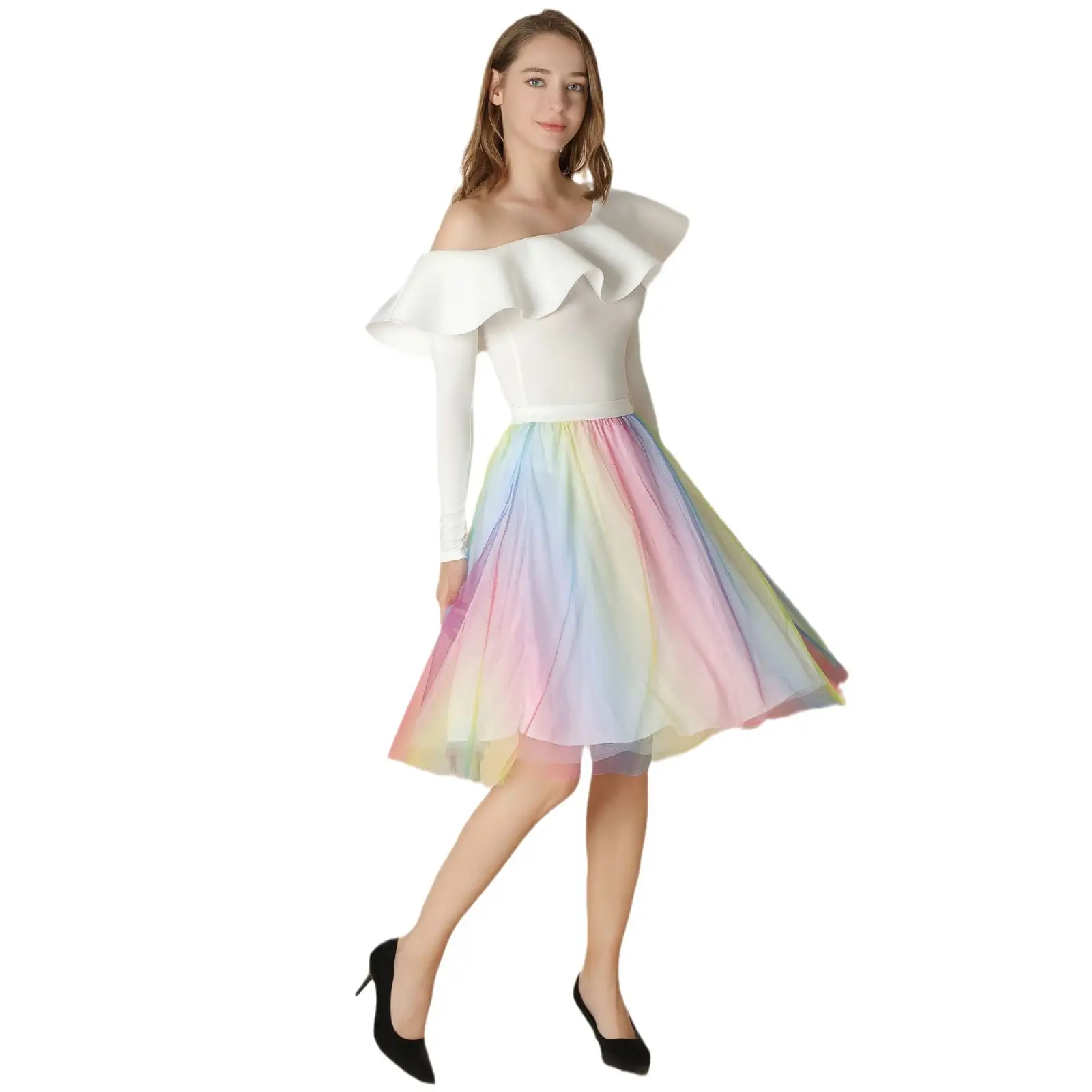 Fairy Pleated Colorful Dot Gauze Skirt Mid Length - Image 7