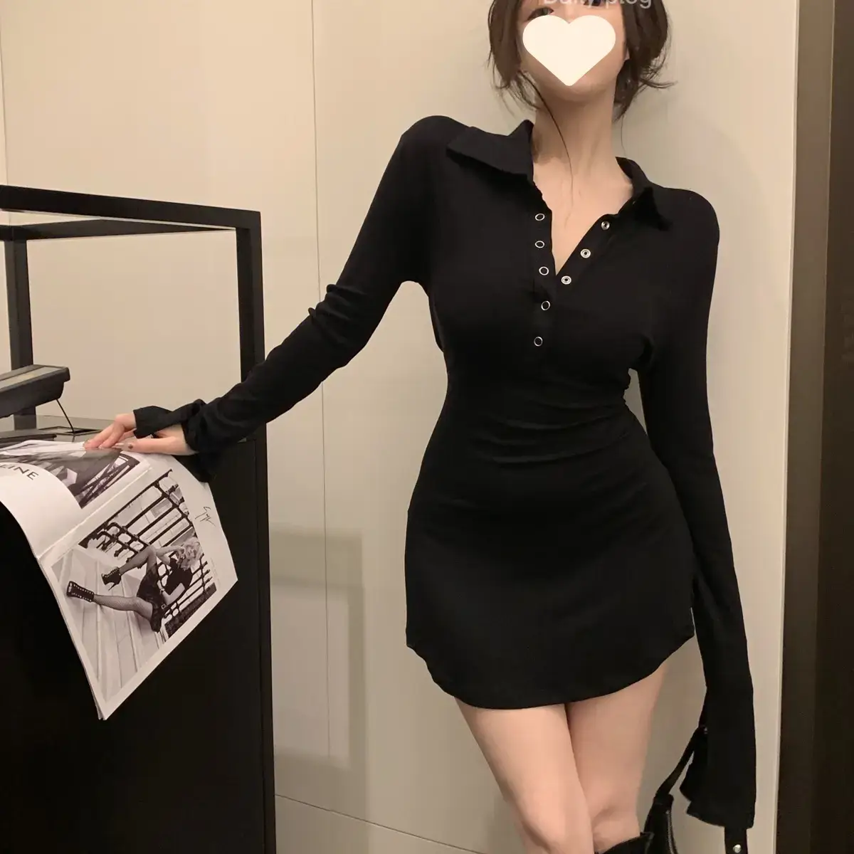Black Hot Girl Polo Collar T-Shirt Dress Women's Autum Short Skirt Long-Sleeved Sexy Pure Lust Style Tight Slimming Look Hip Skirt - Image 12