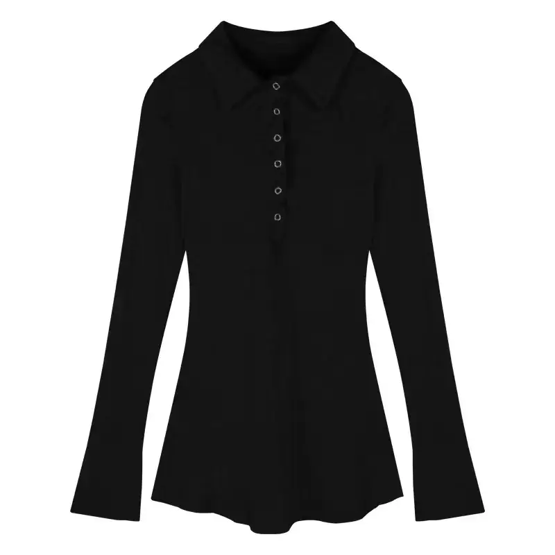 Black Hot Girl Polo Collar T-Shirt Dress Women's Autum Short Skirt Long-Sleeved Sexy Pure Lust Style Tight Slimming Look Hip Skirt - Image 15
