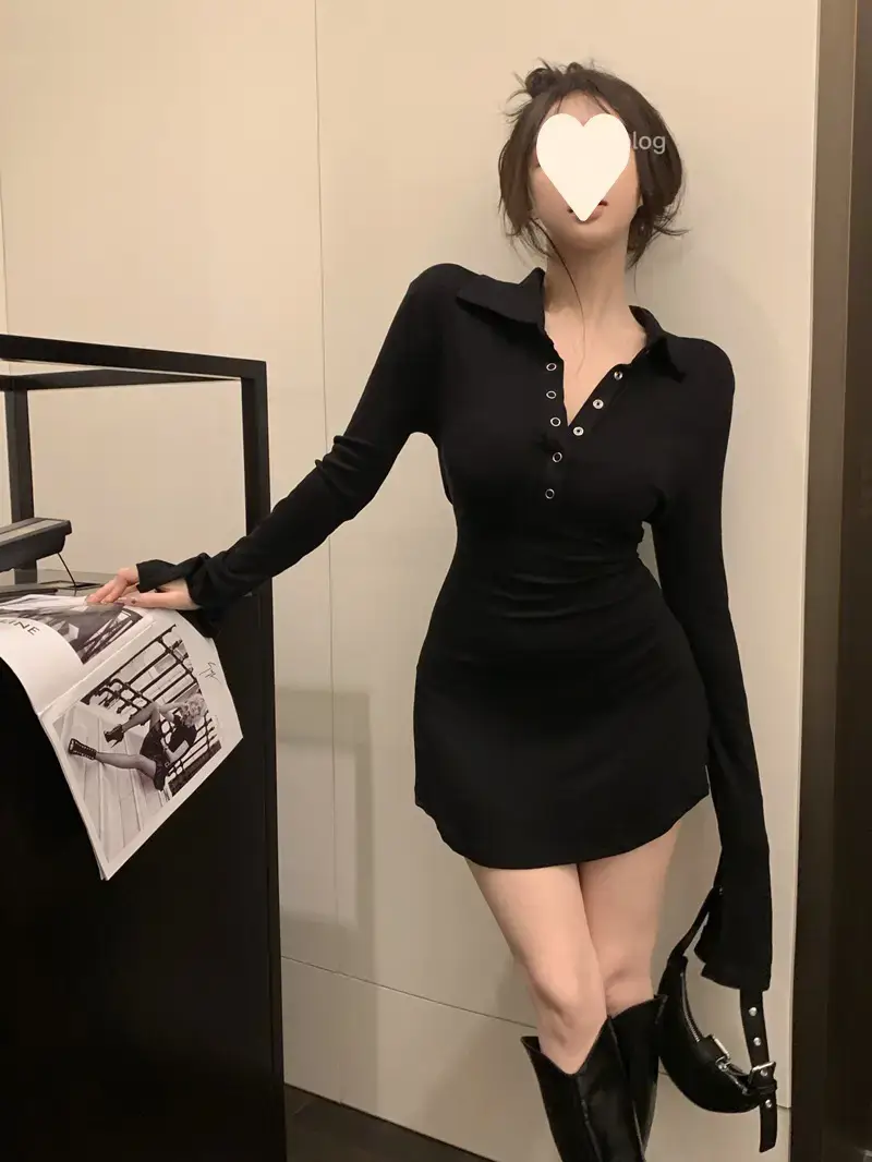 Black Hot Girl Polo Collar T-Shirt Dress Women's Autum Short Skirt Long-Sleeved Sexy Pure Lust Style Tight Slimming Look Hip Skirt — feature 13