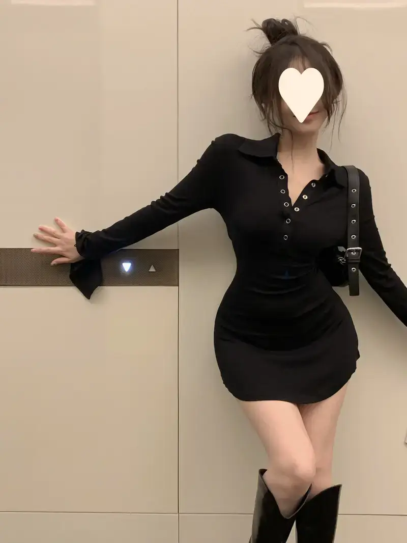 Black Hot Girl Polo Collar T-Shirt Dress Women's Autum Short Skirt Long-Sleeved Sexy Pure Lust Style Tight Slimming Look Hip Skirt — feature 14