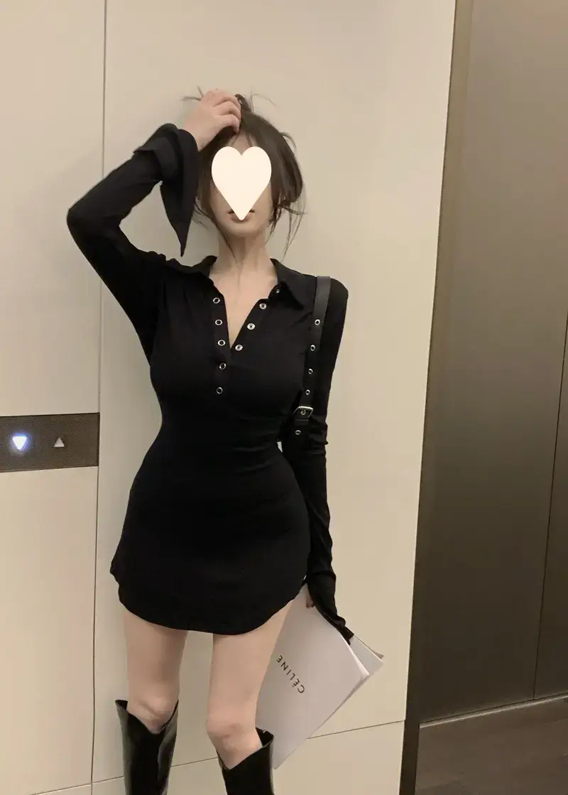 Black Hot Girl Polo Collar T-Shirt Dress Women's Autum Short Skirt Long-Sleeved Sexy Pure Lust Style Tight Slimming Look Hip Skirt — feature 15