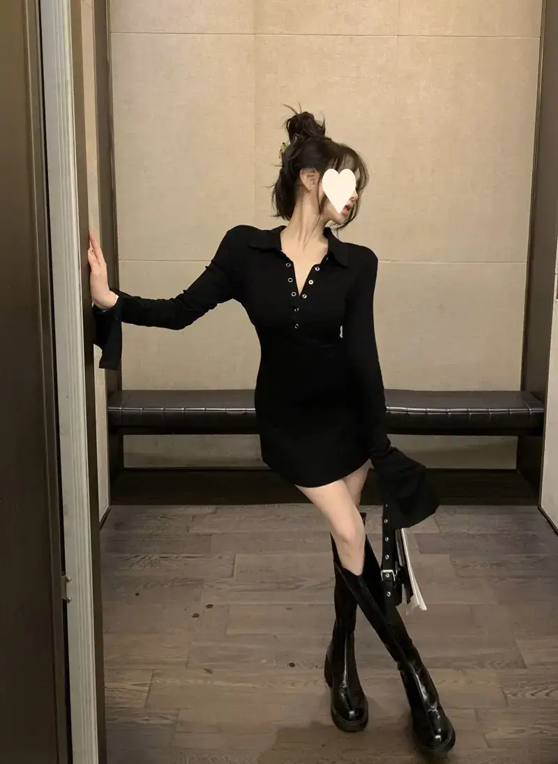Black Hot Girl Polo Collar T-Shirt Dress Women's Autum Short Skirt Long-Sleeved Sexy Pure Lust Style Tight Slimming Look Hip Skirt — feature 17