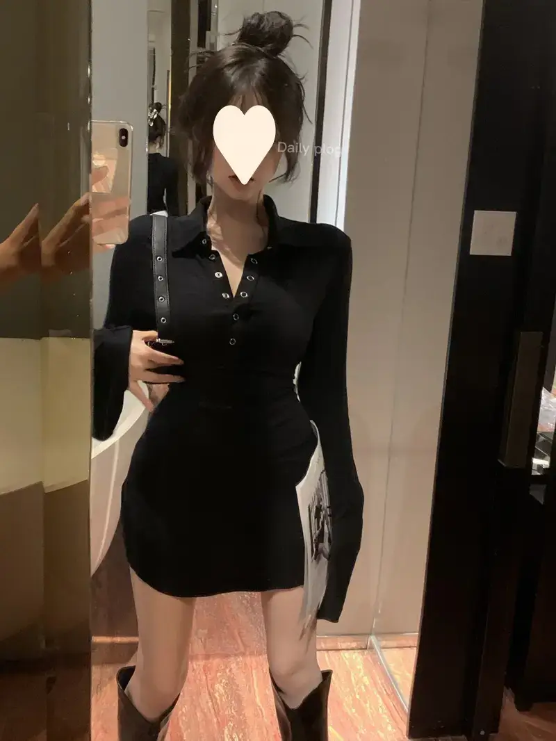 Black Hot Girl Polo Collar T-Shirt Dress Women's Autum Short Skirt Long-Sleeved Sexy Pure Lust Style Tight Slimming Look Hip Skirt — feature 18