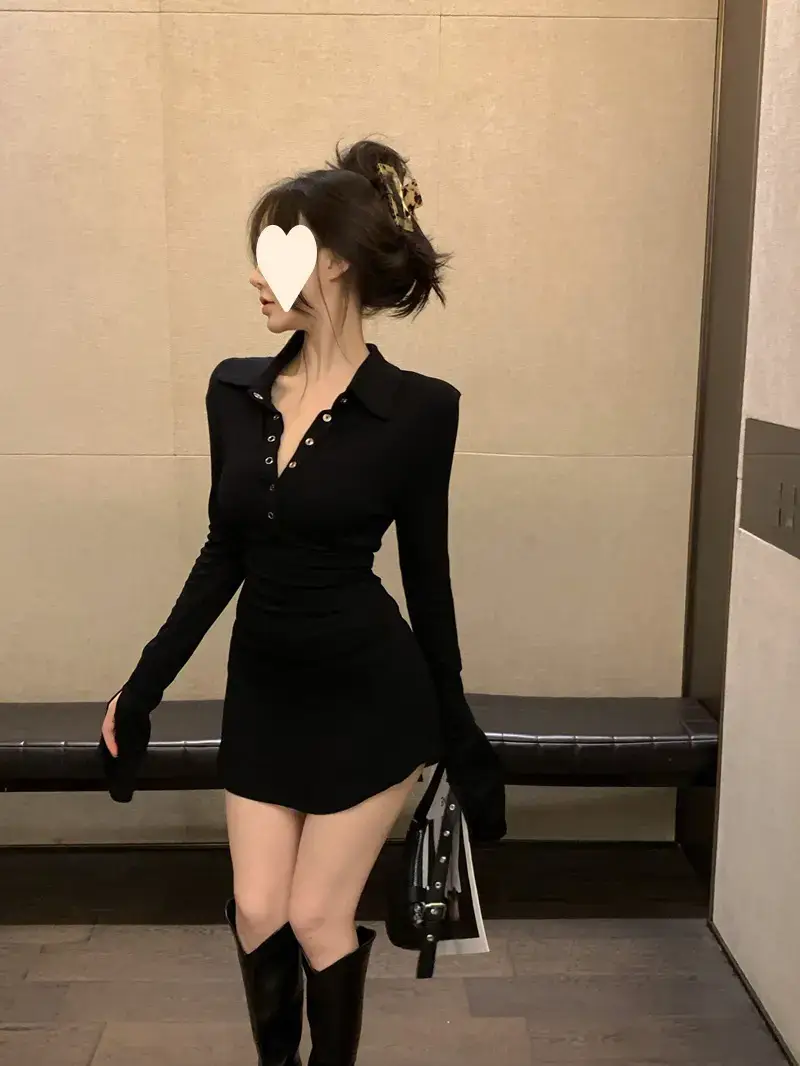 Black Hot Girl Polo Collar T-Shirt Dress Women's Autum Short Skirt Long-Sleeved Sexy Pure Lust Style Tight Slimming Look Hip Skirt — feature 20