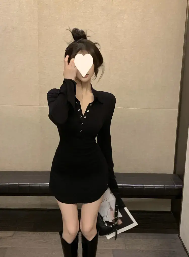 Black Hot Girl Polo Collar T-Shirt Dress Women's Autum Short Skirt Long-Sleeved Sexy Pure Lust Style Tight Slimming Look Hip Skirt — feature 3