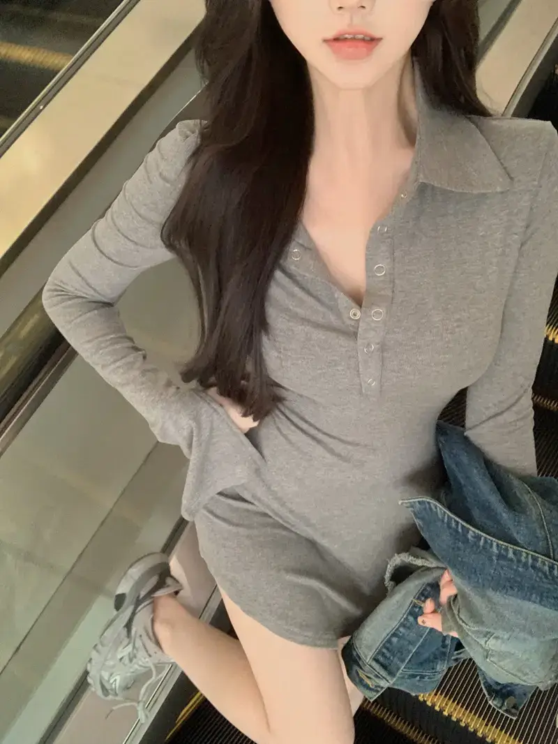 Black Hot Girl Polo Collar T-Shirt Dress Women's Autum Short Skirt Long-Sleeved Sexy Pure Lust Style Tight Slimming Look Hip Skirt — feature 6