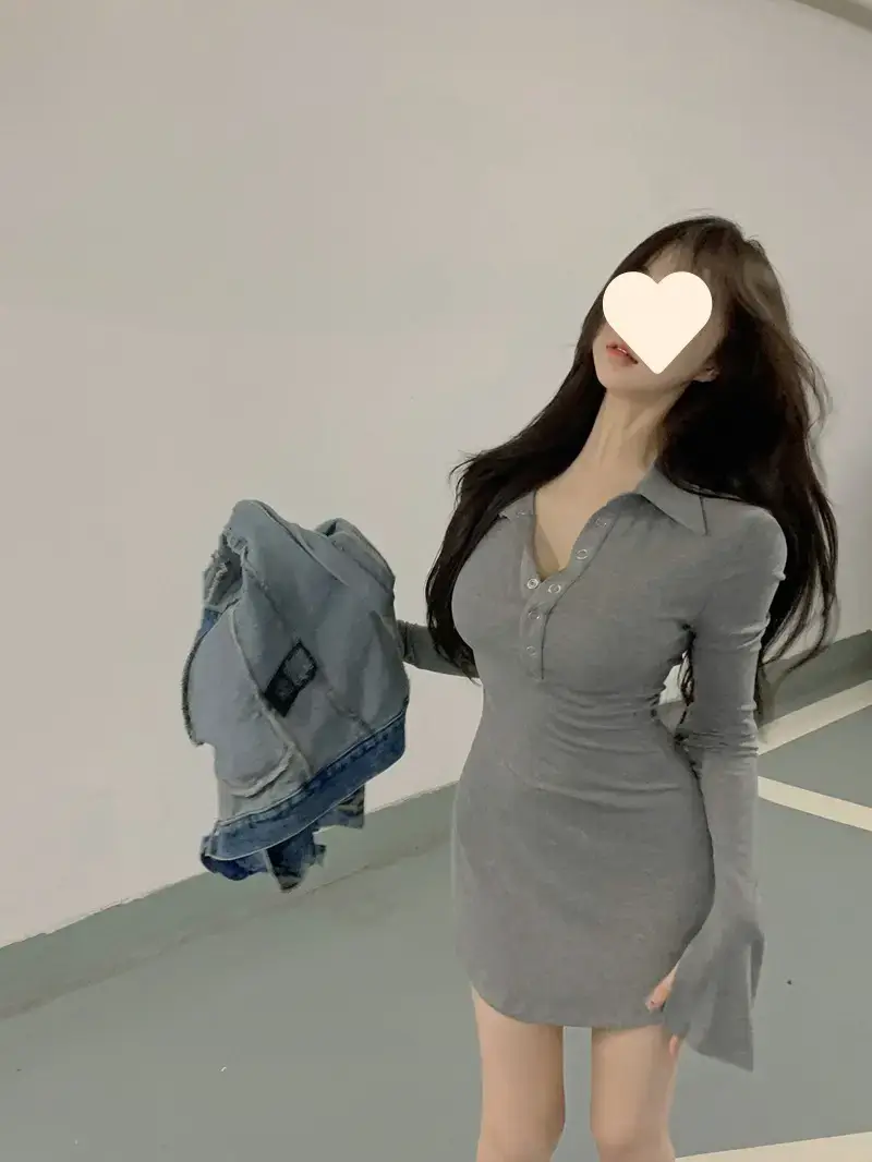 Black Hot Girl Polo Collar T-Shirt Dress Women's Autum Short Skirt Long-Sleeved Sexy Pure Lust Style Tight Slimming Look Hip Skirt — feature 8