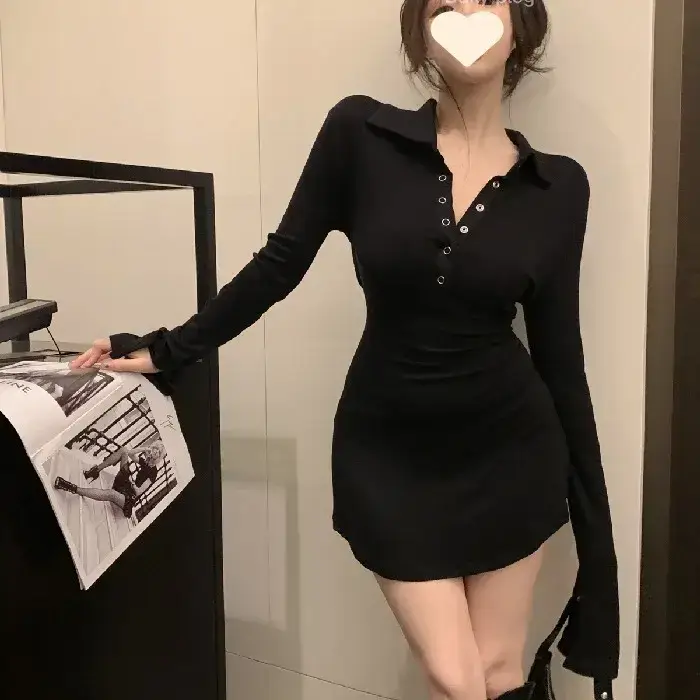 Black Hot Girl Polo Collar T-Shirt Dress Women's Autum Short Skirt Long-Sleeved Sexy Pure Lust Style Tight Slimming Look Hip Skirt - Image 6