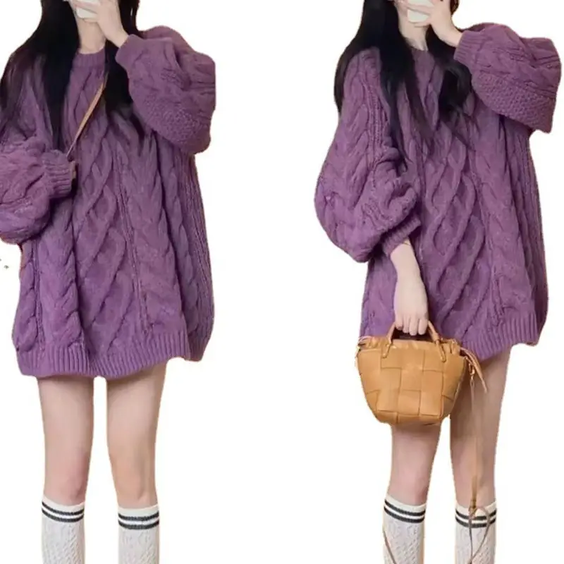 Women's Extra Thick Twist Knit Sweater Mid Length 2025 Winter - Image 10