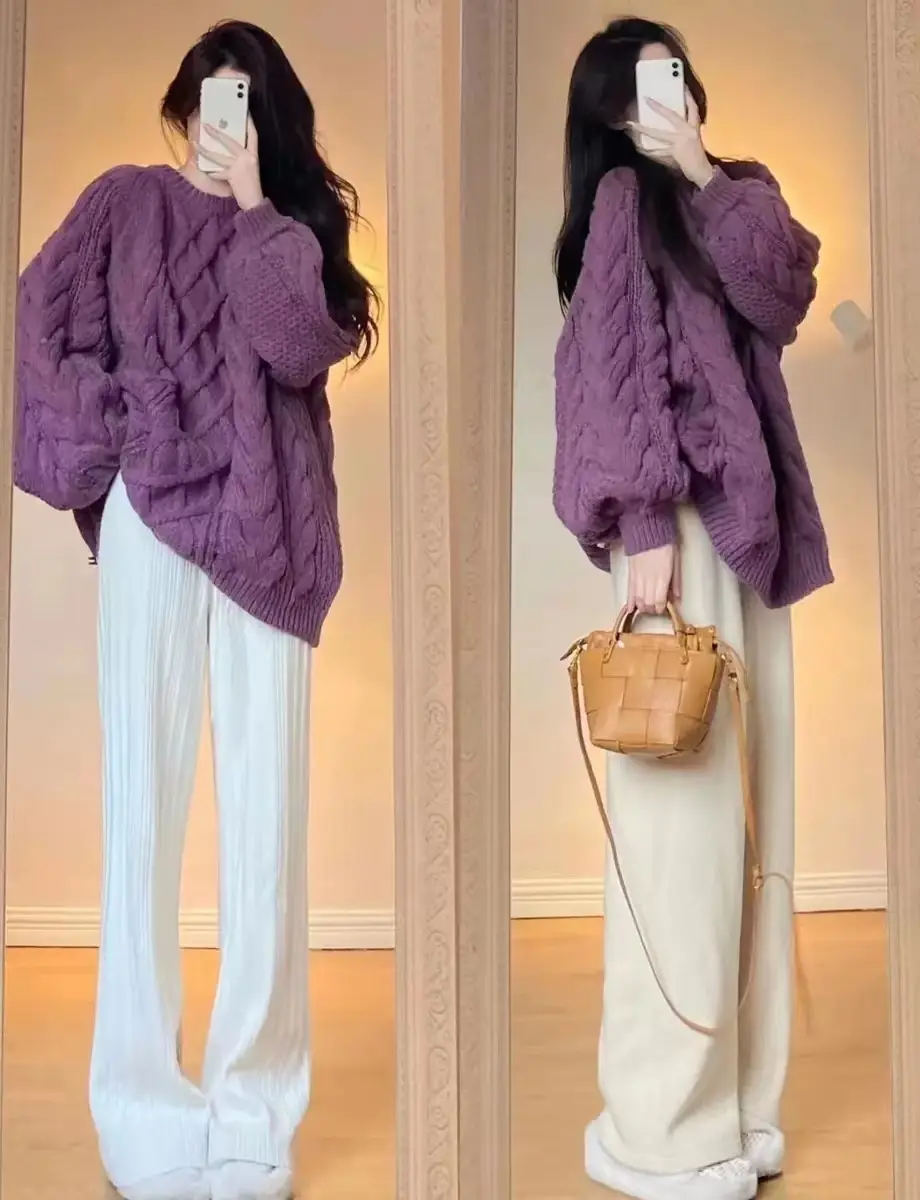 Women's Extra Thick Twist Knit Sweater Mid Length 2025 Winter - Image 3