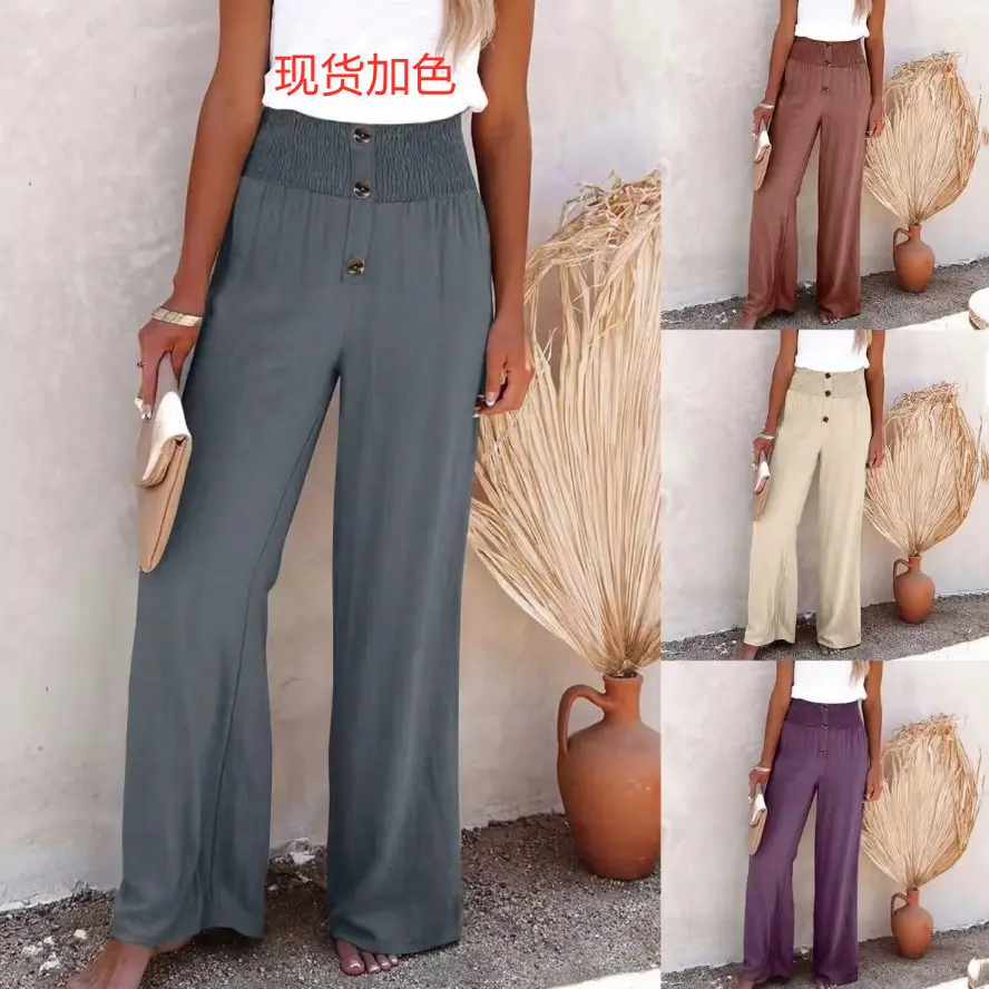 Women's Cotton Linen Wide Leg Pants Cream Button Front