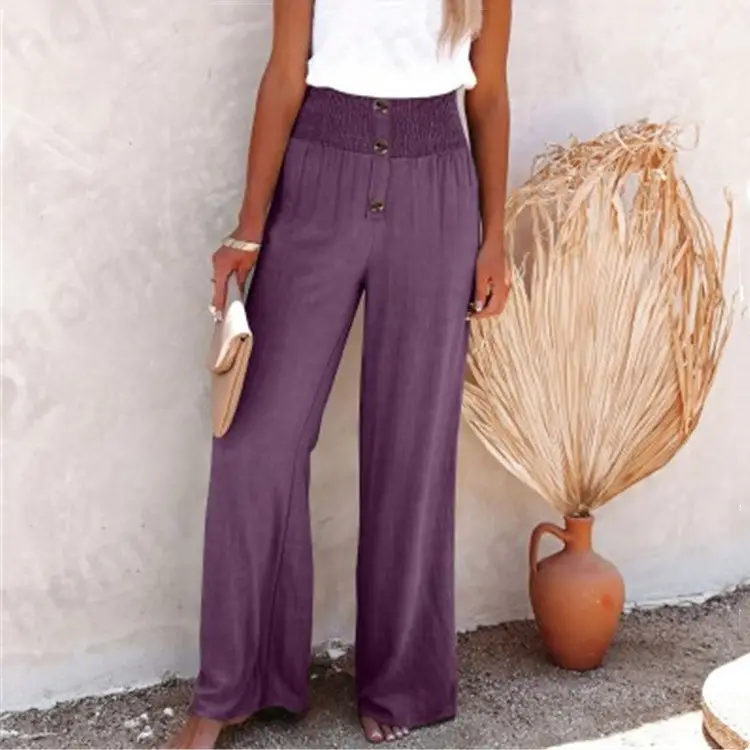 Women's Cotton Linen Wide Leg Pants Cream Button Front