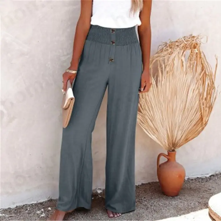 Women's Cotton Linen Wide Leg Pants Cream Button Front — feature 4