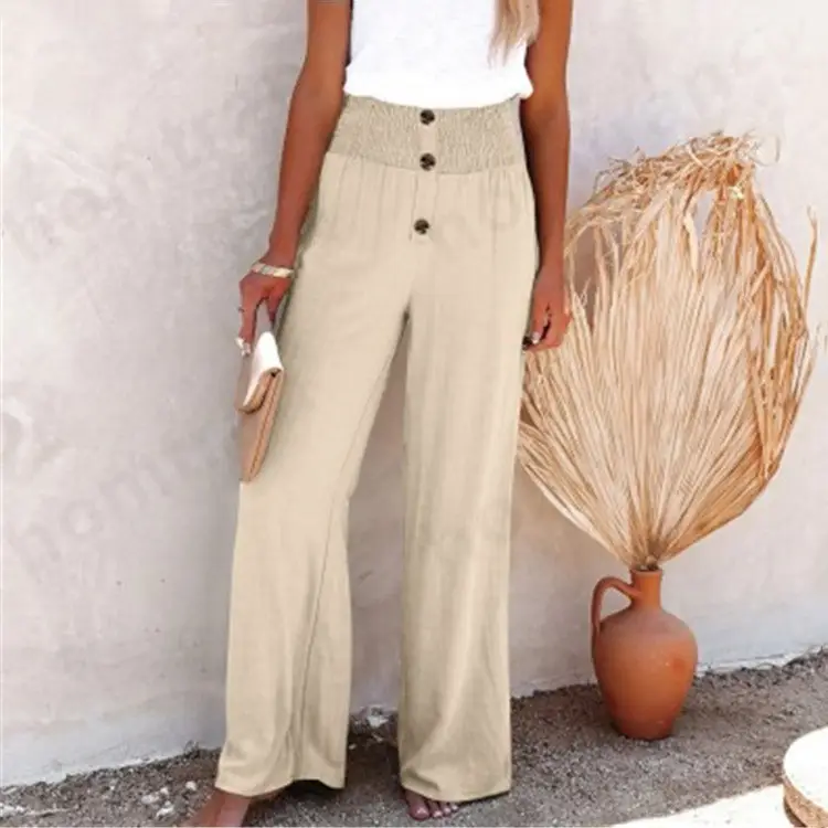 Women's Cotton Linen Wide Leg Pants Cream Button Front — feature 7