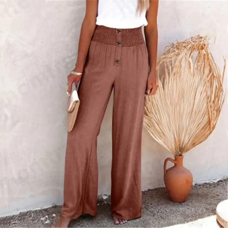 Women's Cotton Linen Wide Leg Pants Cream Button Front