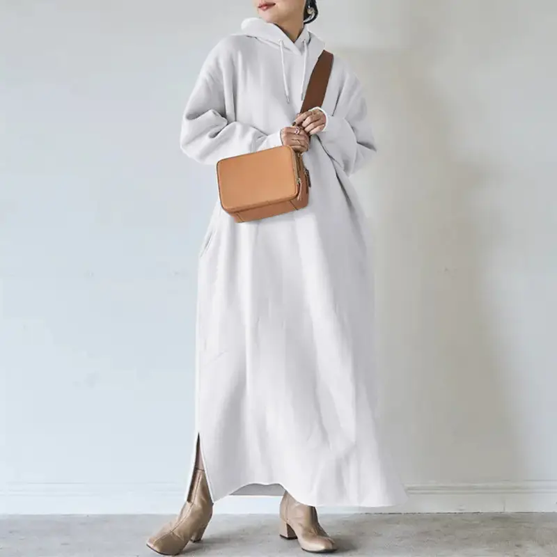 Fleece Hooded Sweater Plus Size Long Dress Brown - Image 6