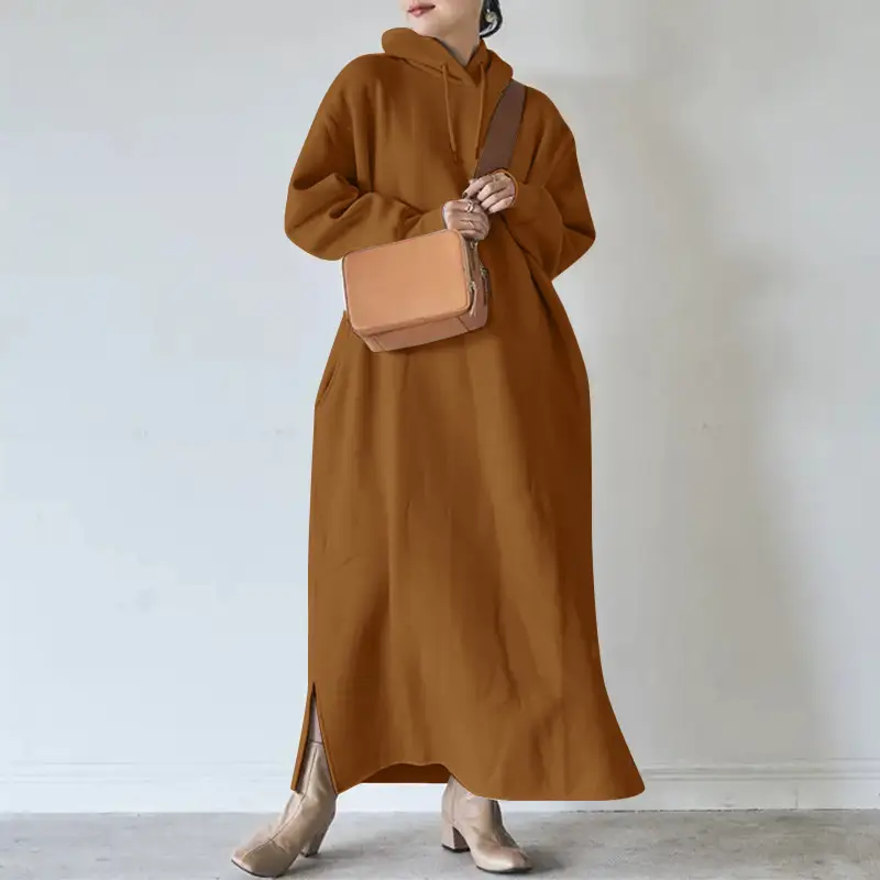 Fleece Hooded Sweater Plus Size Long Dress Brown - Image 7