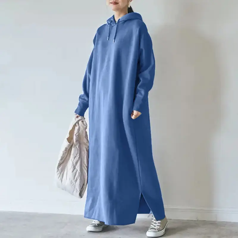 Fleece Hooded Sweater Plus Size Long Dress Brown - Image 3
