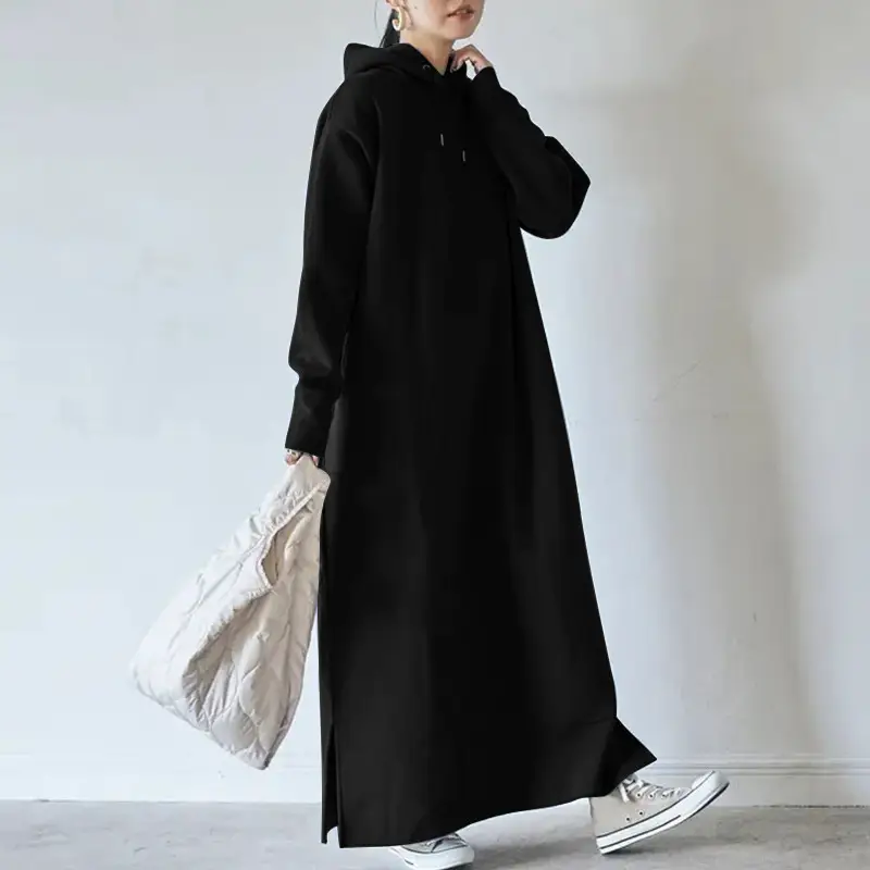 Fleece Hooded Sweater Plus Size Long Dress Brown - Image 8