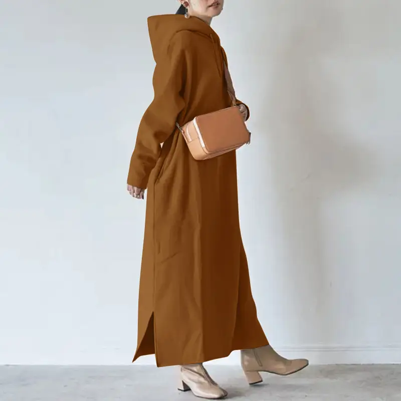 Fleece Hooded Sweater Plus Size Long Dress Brown — feature 8