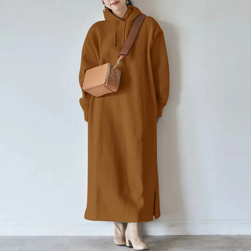 Fleece Hooded Sweater Plus Size Long Dress Brown - Image 2