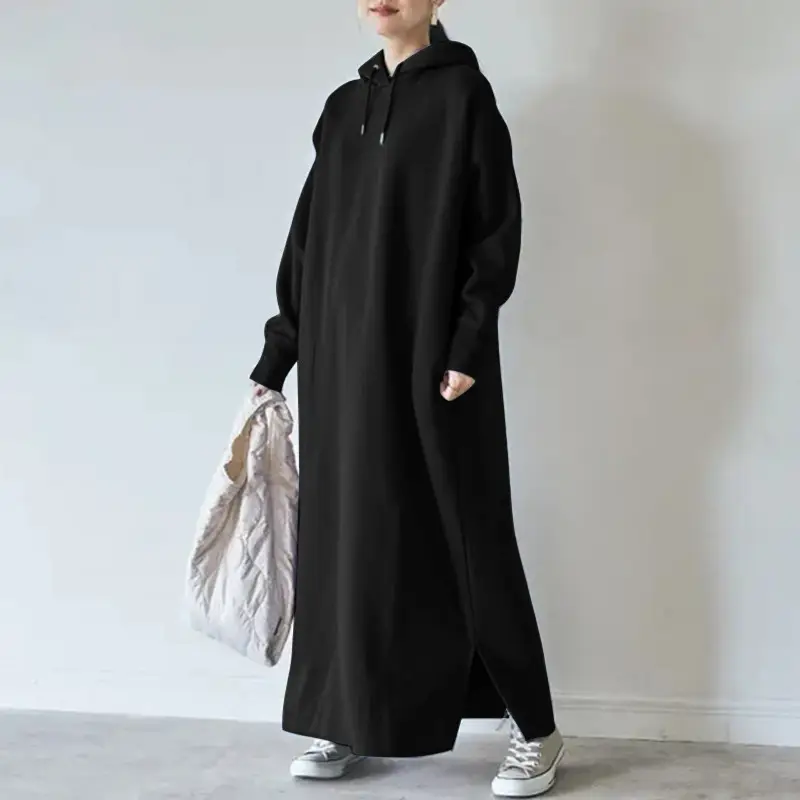 Fleece Hooded Sweater Plus Size Long Dress Brown - Image 4