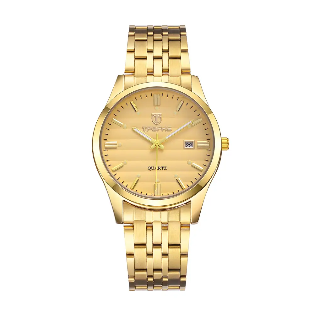Gold Quartz Couple Watch with Calendar & Waterproof Band