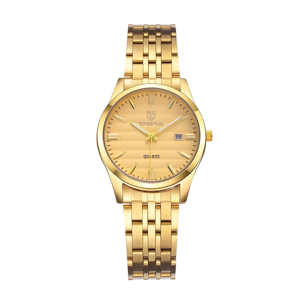 Gold Quartz Couple Watch with Calendar & Waterproof Band