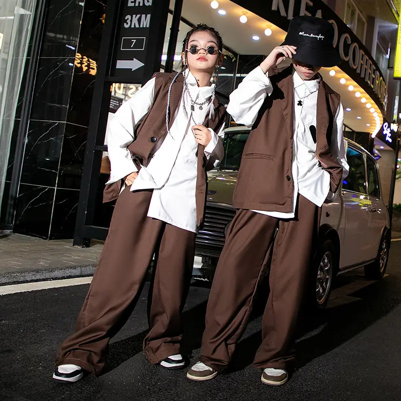 Girls Hip Hop Catwalk Vest Hiphop Suit Brown 3KMS