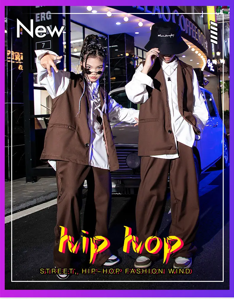 Girls Hip Hop Catwalk Vest Hiphop Suit Brown 3KMS — feature 1