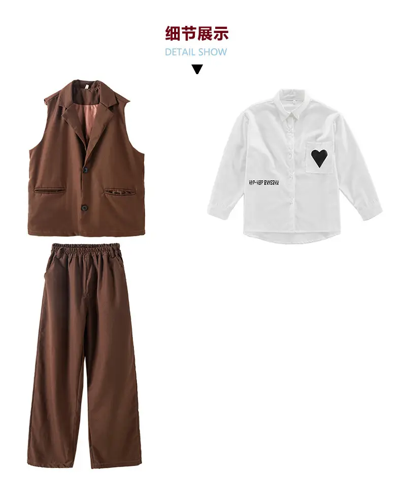Girls Hip Hop Catwalk Vest Hiphop Suit Brown 3KMS — feature 10