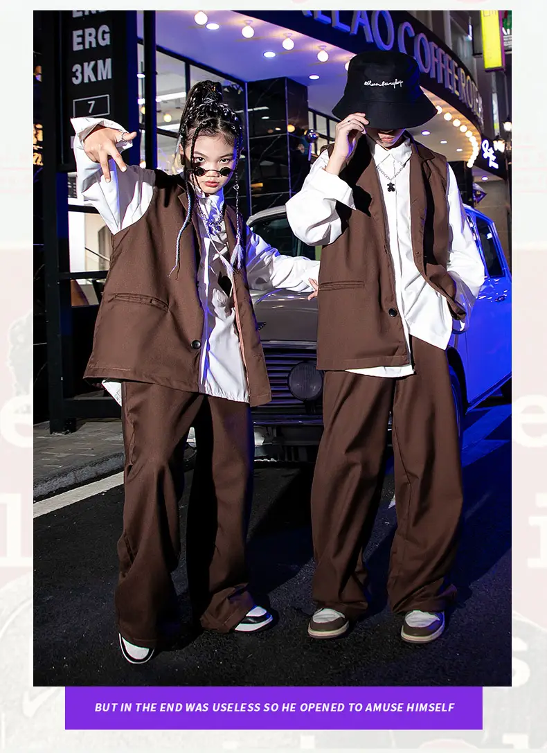 Girls Hip Hop Catwalk Vest Hiphop Suit Brown 3KMS — feature 5