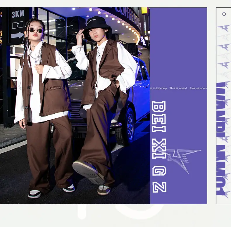 Girls Hip Hop Catwalk Vest Hiphop Suit Brown 3KMS — feature 6
