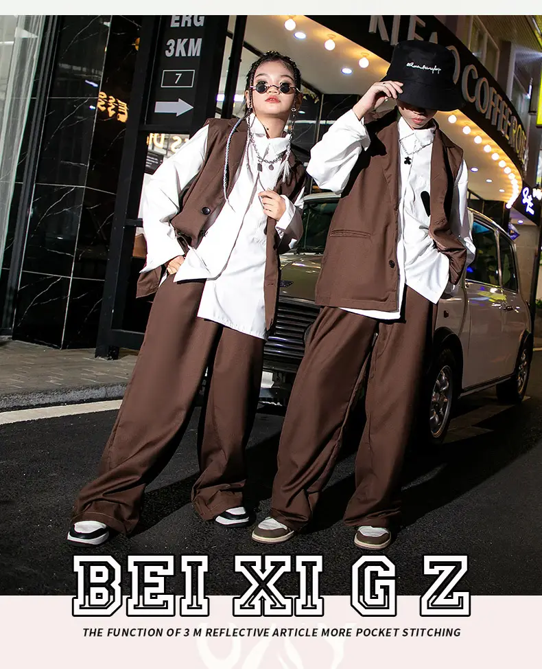 Girls Hip Hop Catwalk Vest Hiphop Suit Brown 3KMS — feature 7