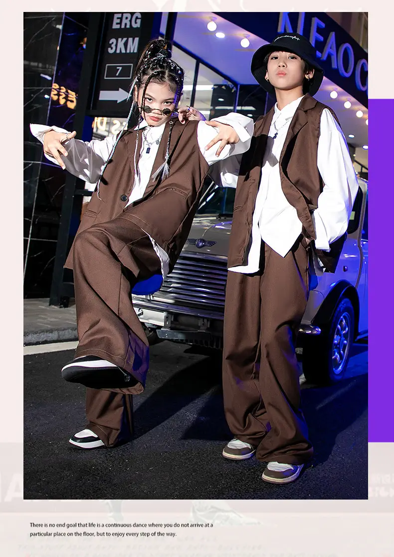 Girls Hip Hop Catwalk Vest Hiphop Suit Brown 3KMS — feature 8