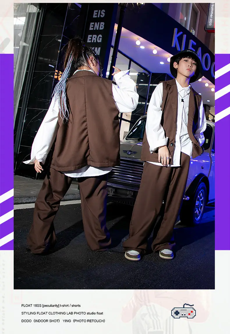Girls Hip Hop Catwalk Vest Hiphop Suit Brown 3KMS — feature 9