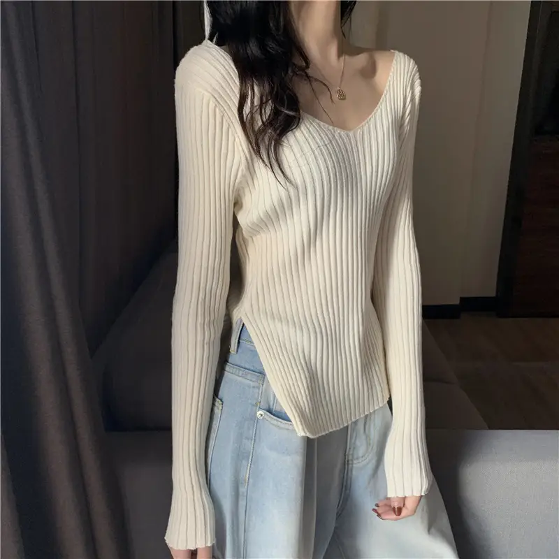 Black V-Neck Knit Sweater for Women Slim Fit — feature 1