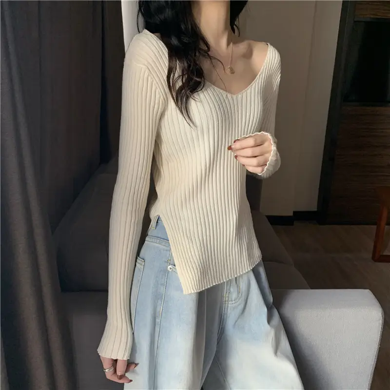 Black V-Neck Knit Sweater for Women Slim Fit — feature 4