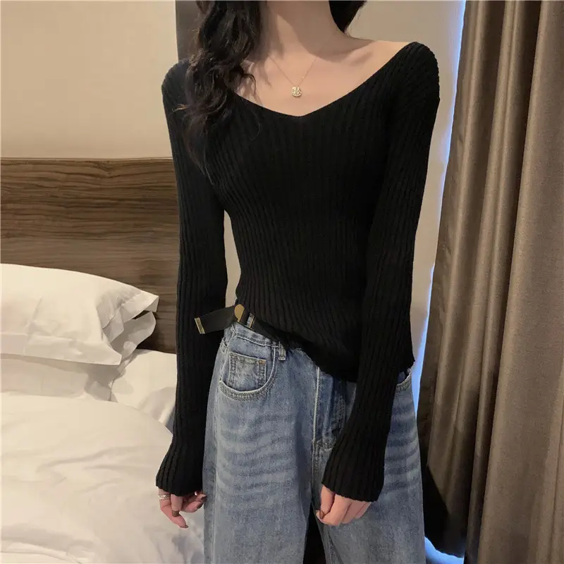 Black V-Neck Knit Sweater for Women Slim Fit — feature 5