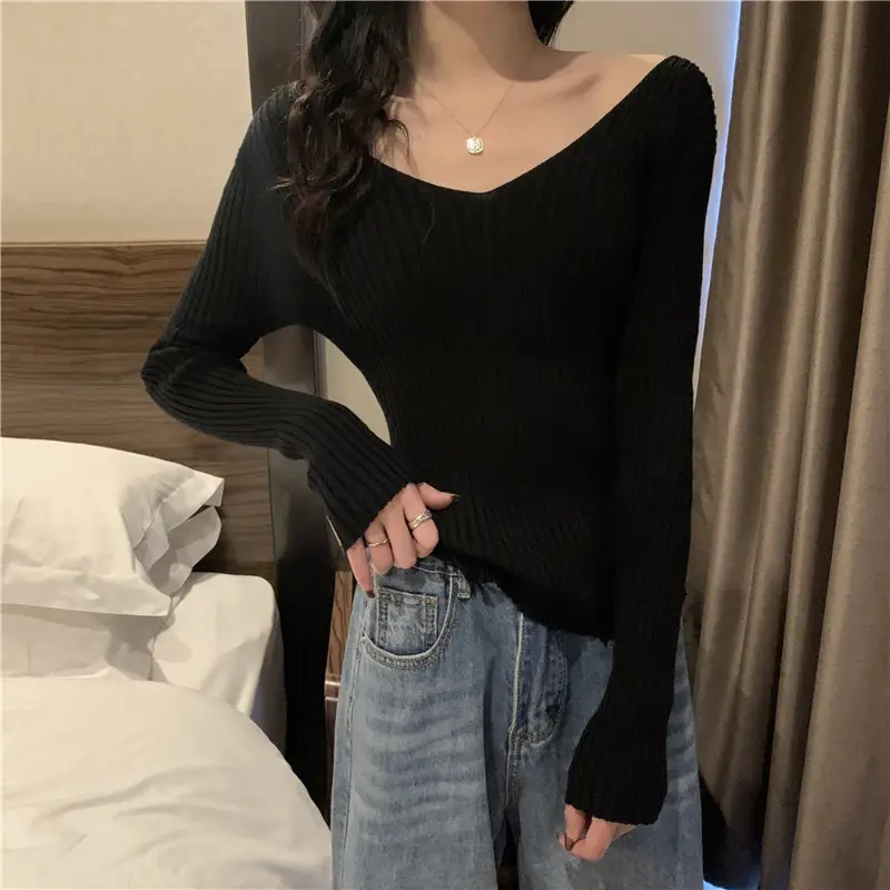 Black V-Neck Knit Sweater for Women Slim Fit — feature 6