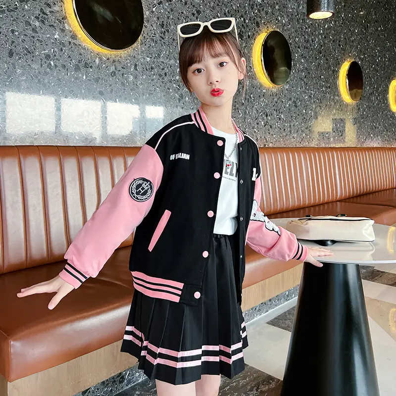 Girls Baseball Jacket Skirt Set Color Block Button Down - Image 7