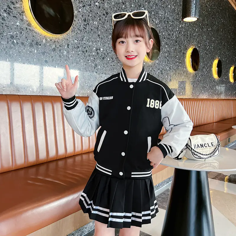 Girls Baseball Jacket Skirt Set Color Block Button Down - Image 8