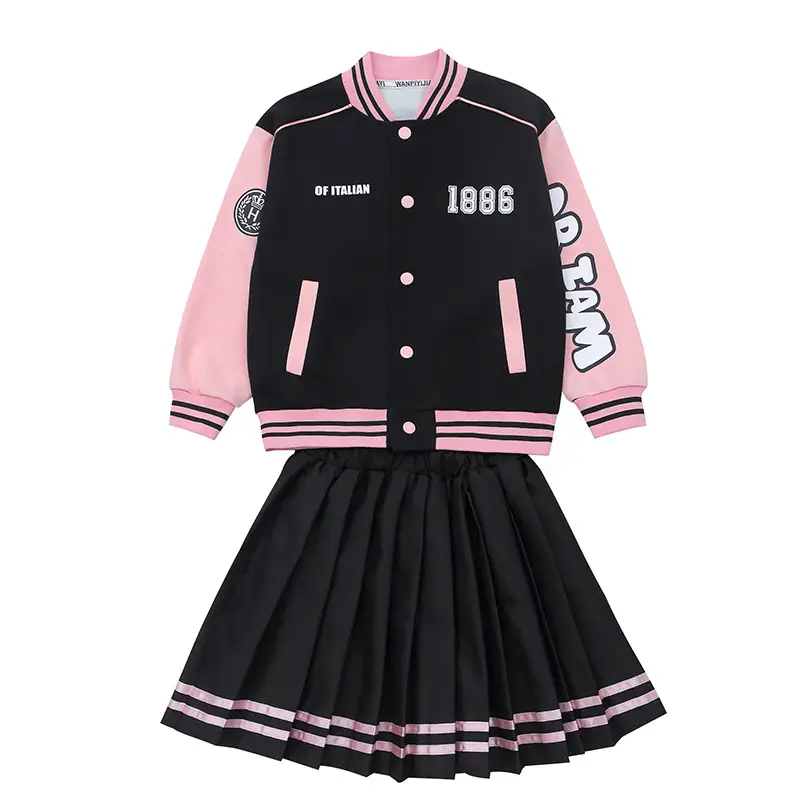 Girls Baseball Jacket Skirt Set Color Block Button Down - Image 9